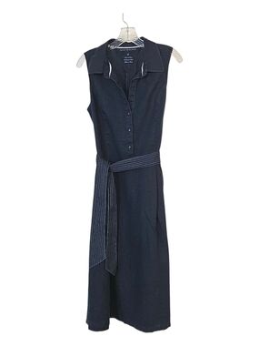 Sleeveless Navy Shirt Dress with Striped Waist Tie